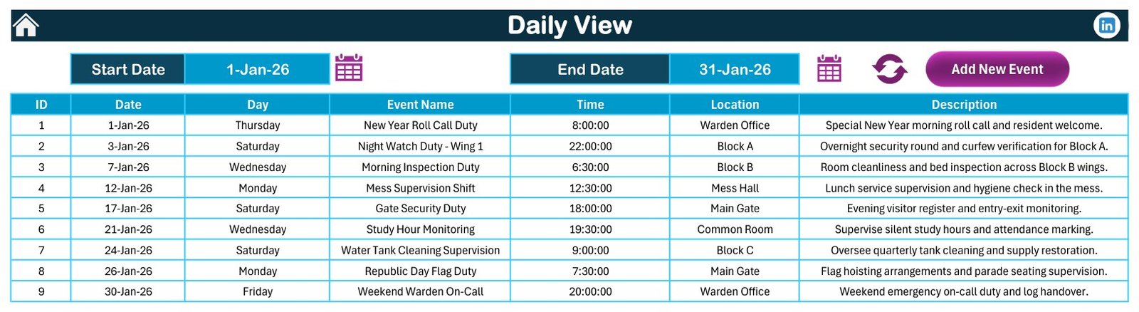 Daily hostel duty roster list view in Excel