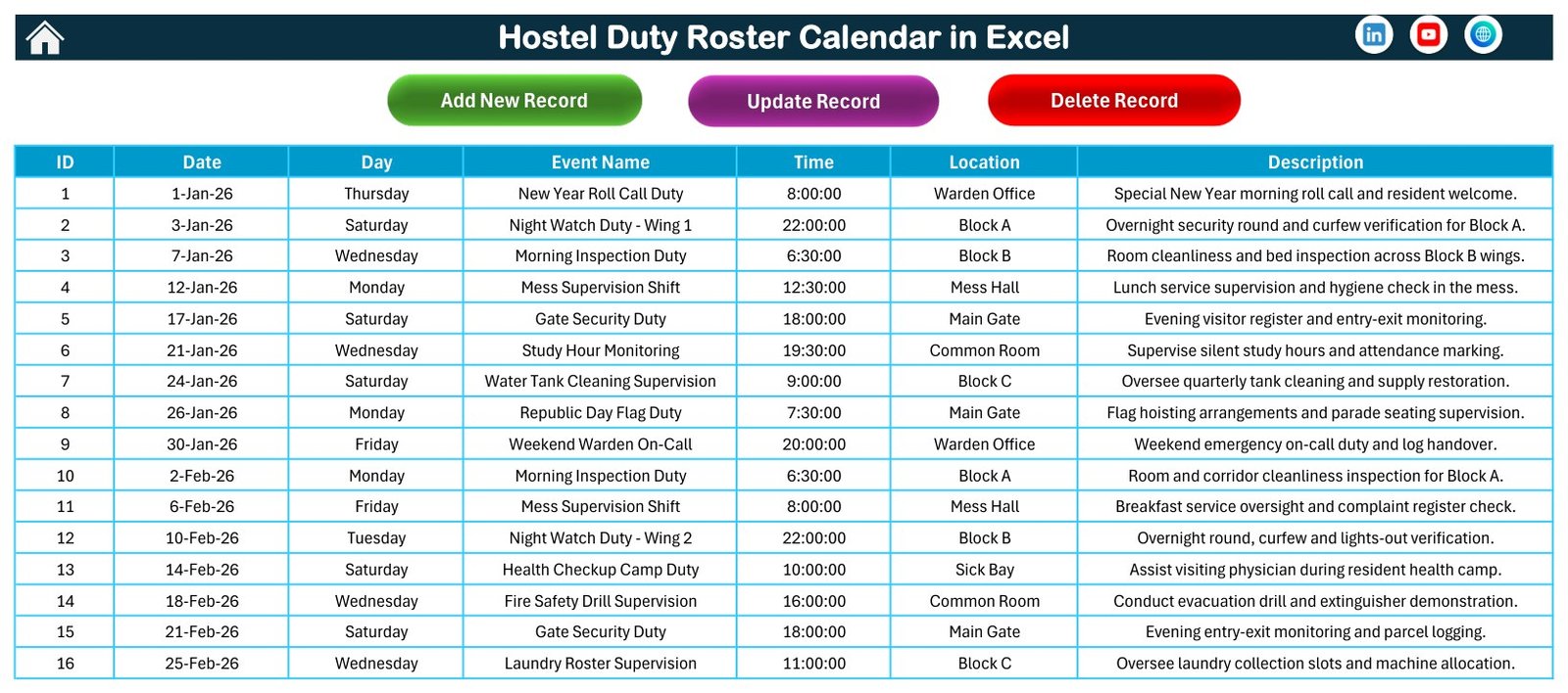 Events database sheet for hostel duty roster calendar