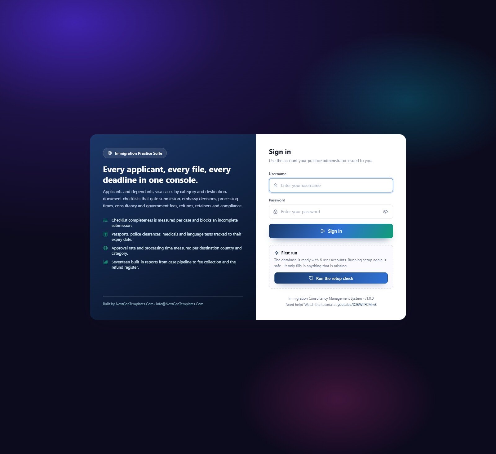 Immigration consultancy management system - sign in screen