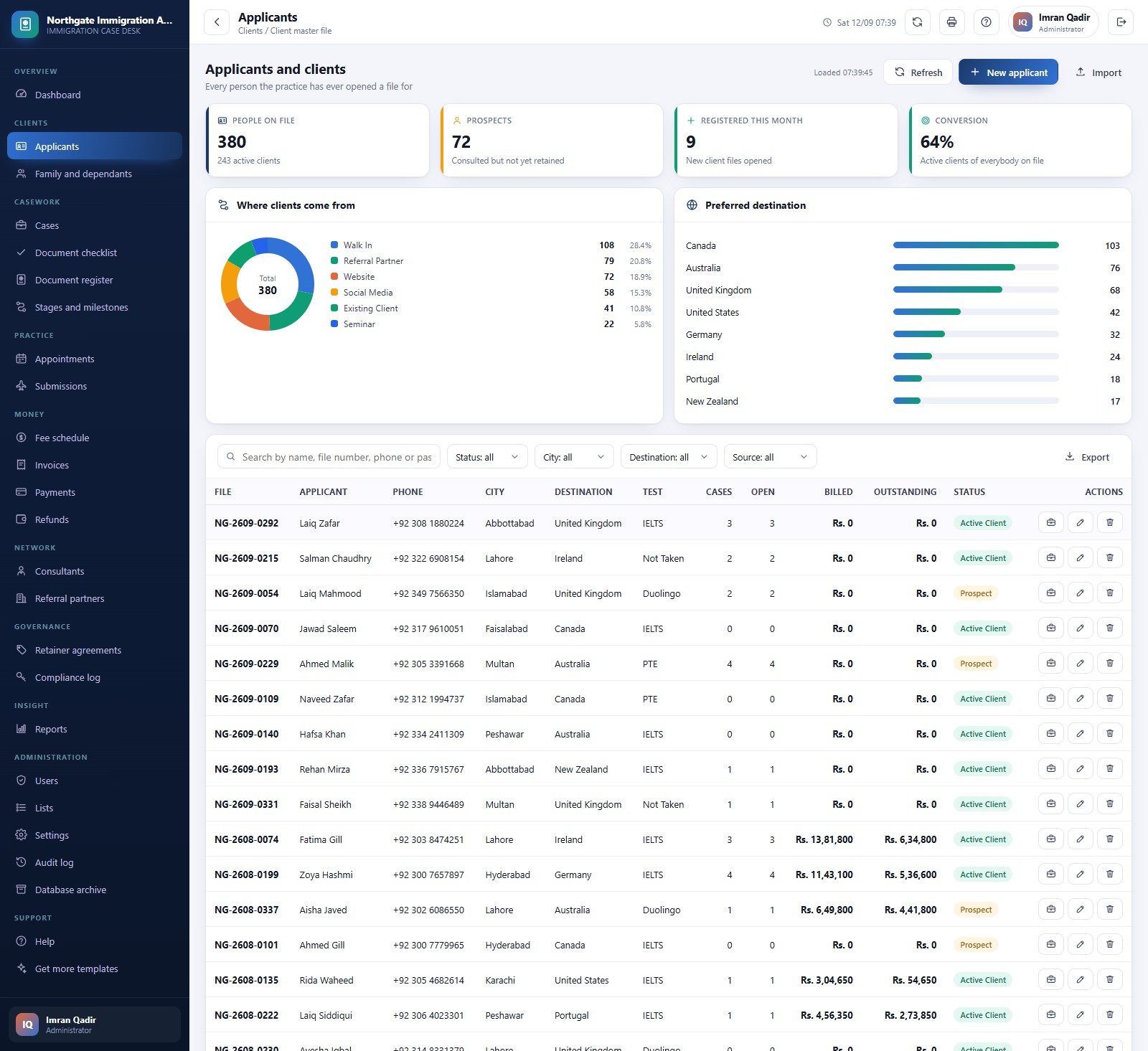 Applicants and clients screen
