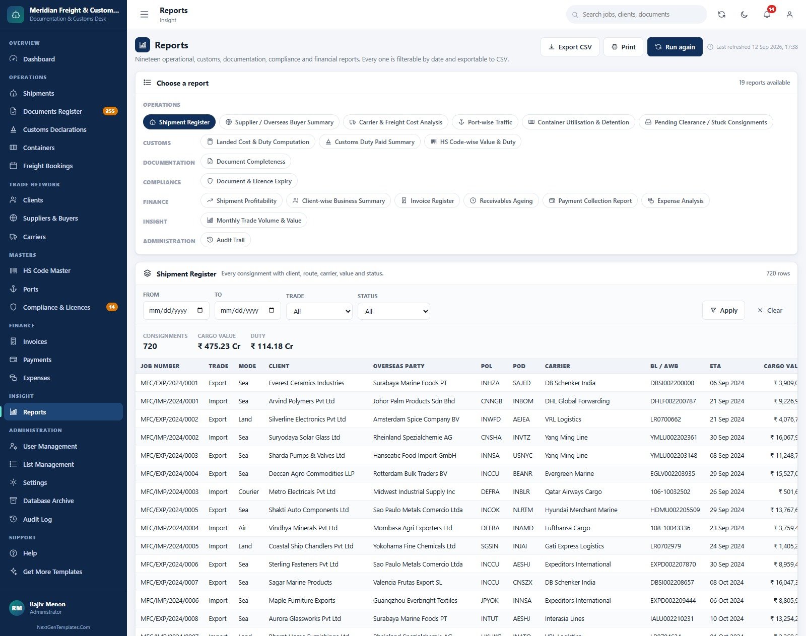 Import-Export Documentation Management System Web App reports