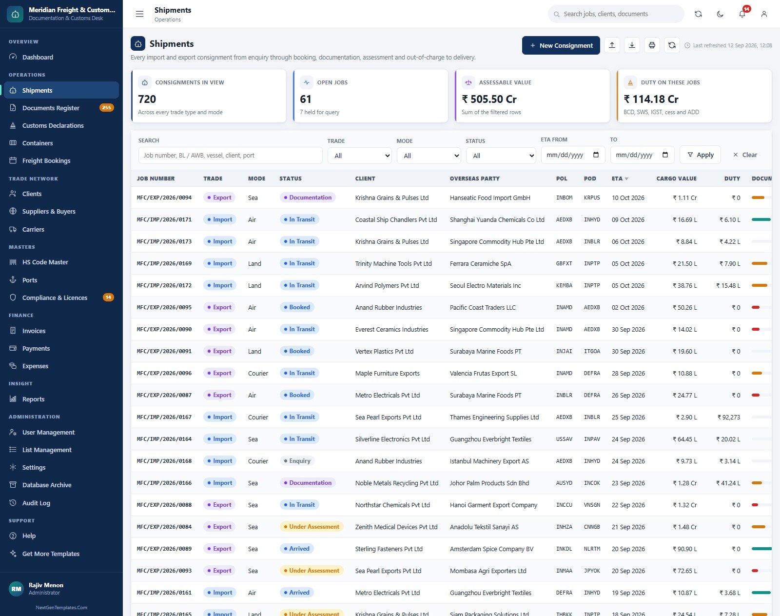 Import-Export Documentation Management System Web App shipments screen