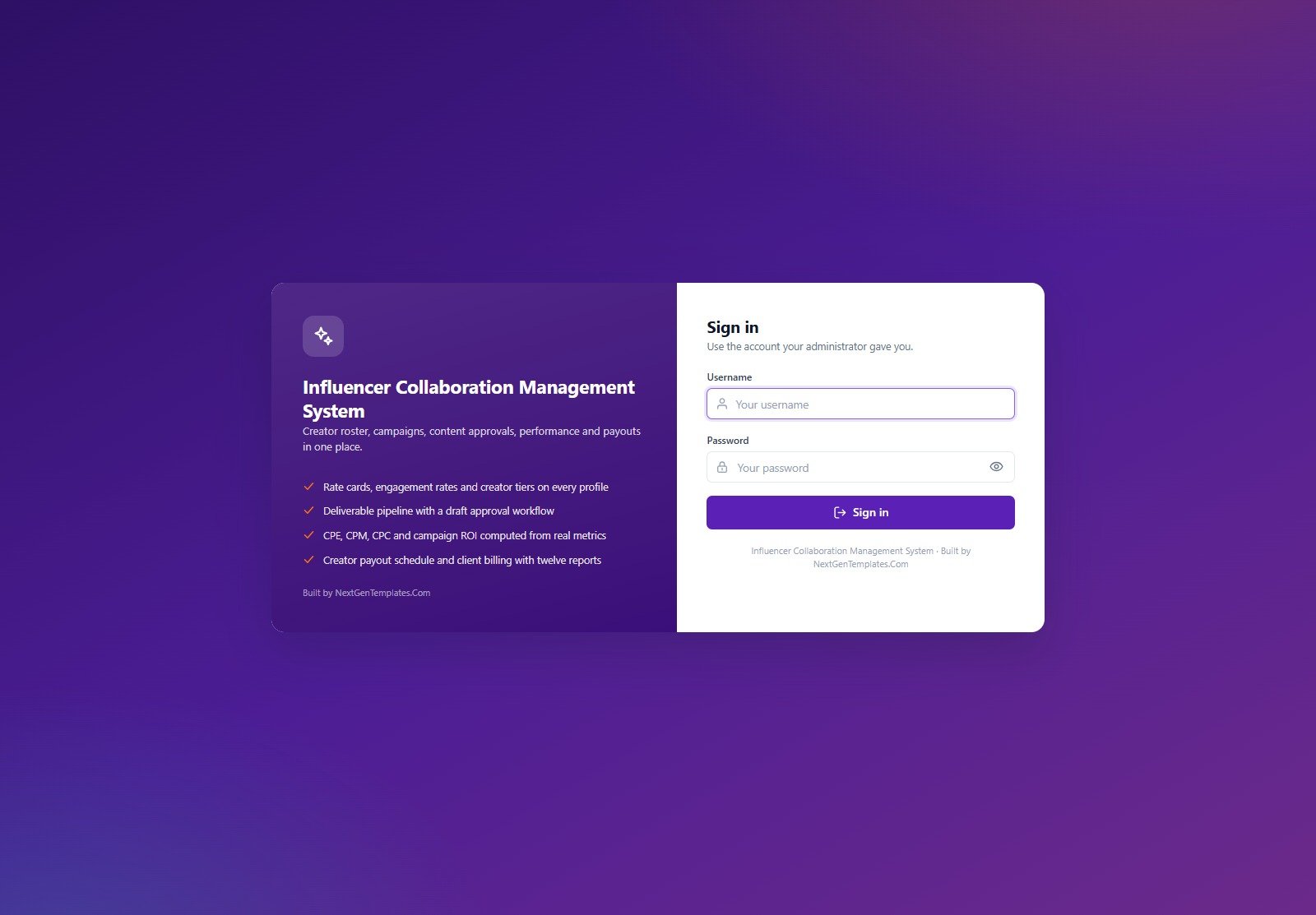 Influencer Collaboration Management System Web App login page