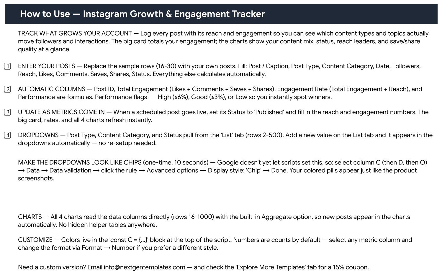 Instagram Growth and Engagement Tracker in Google Sheets - How to Use tab