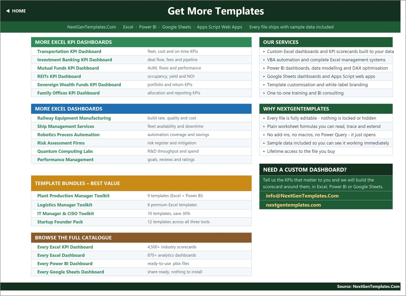 Get More Templates sheet linking to other NextGenTemplates Excel, Power BI and Google Sheets templates