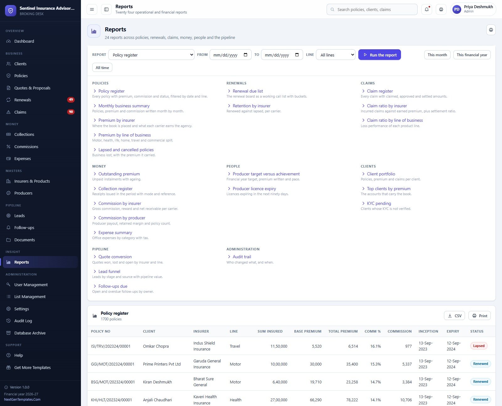 Reports library of 24 insurance agency reports grouped by policies, renewals, claims and money