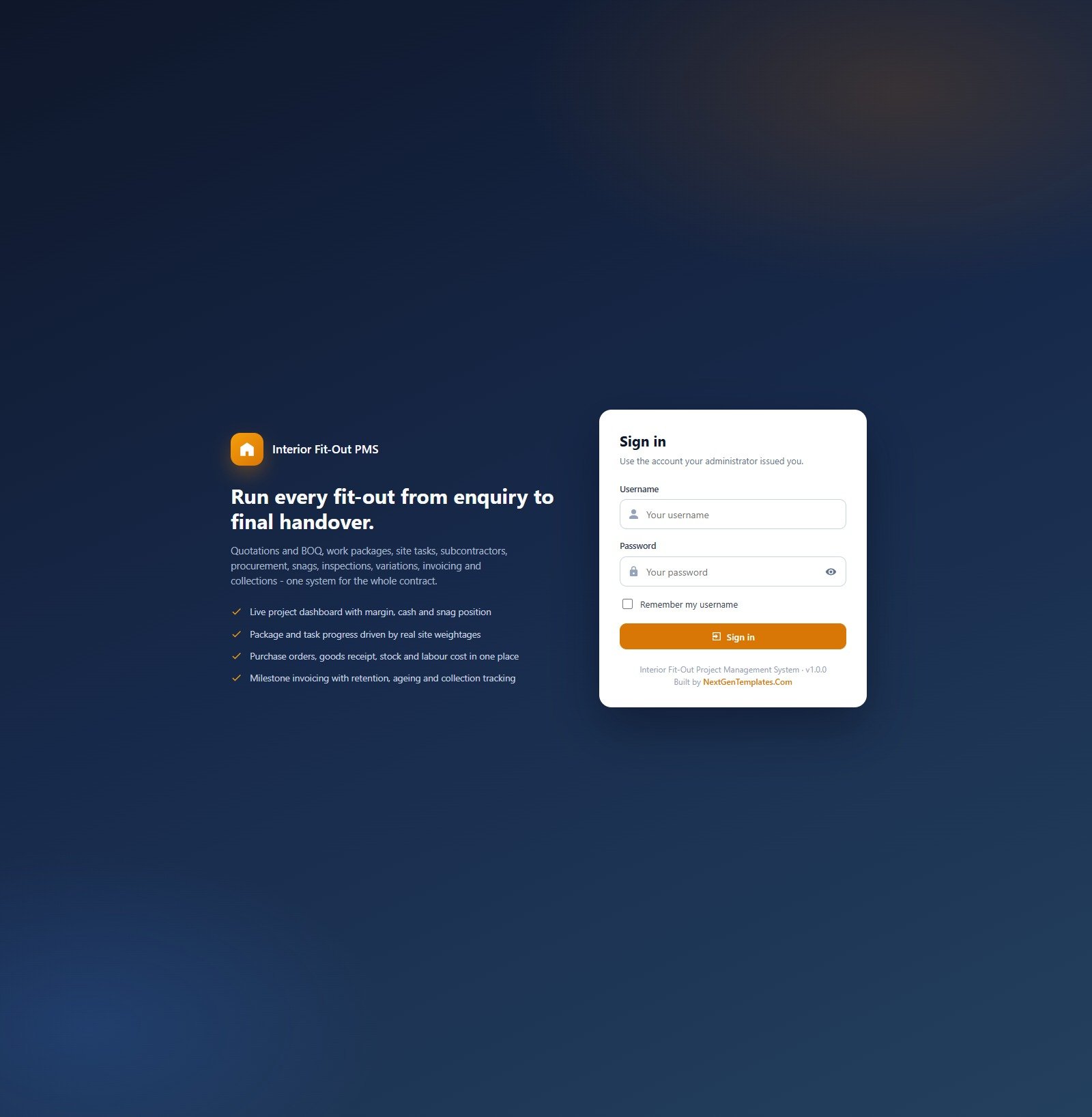 Interior Fit-Out Project Management System Web App - sign-in page