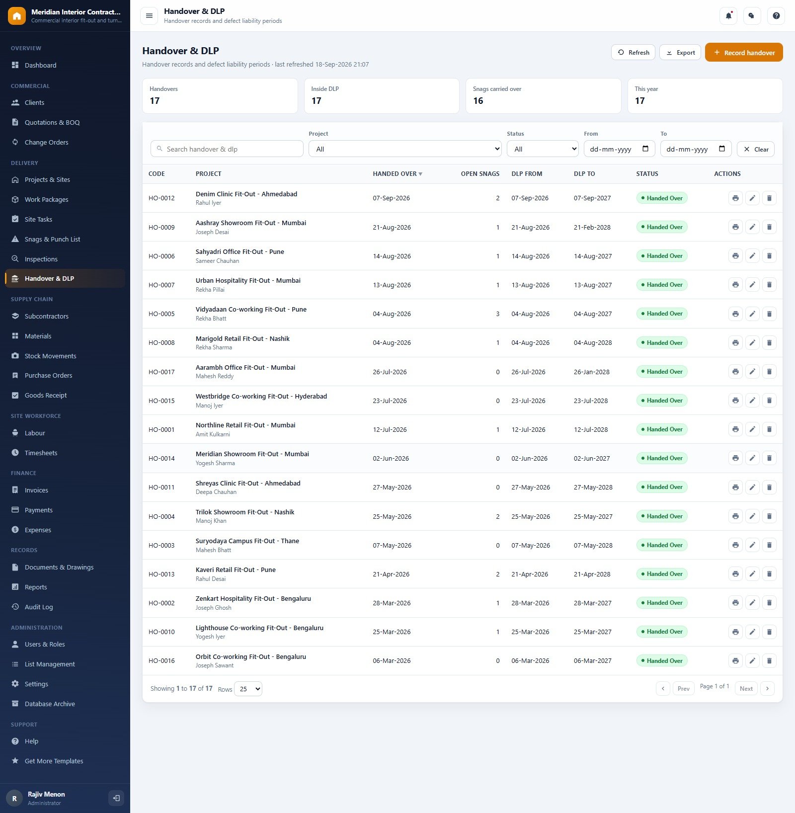 Interior fit-out project management system - handover and DLP