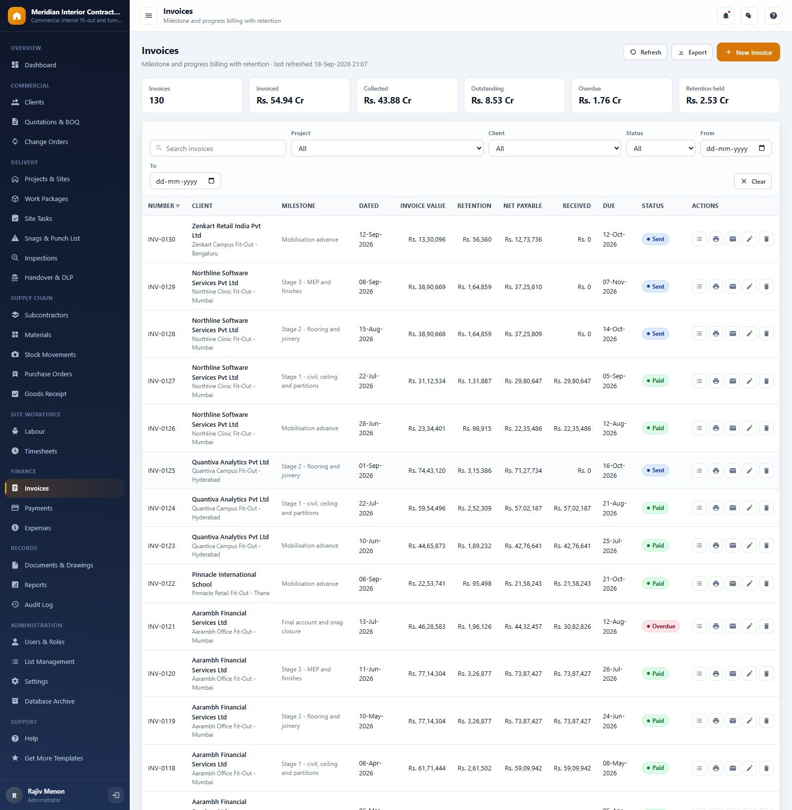 Interior fit-out project management system - invoices