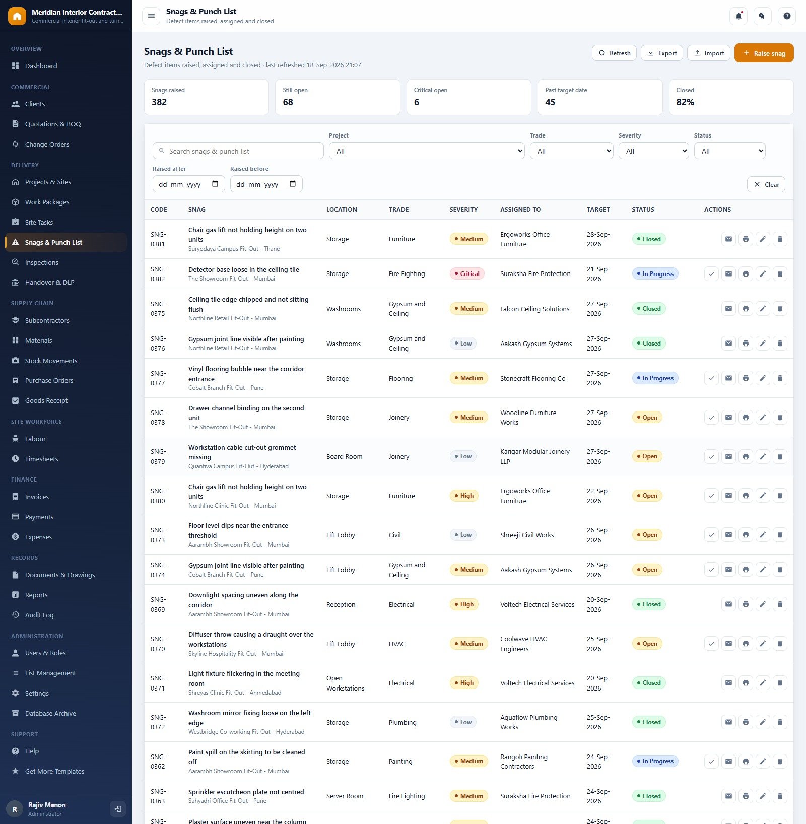 Interior fit-out project management system - snags and punch list