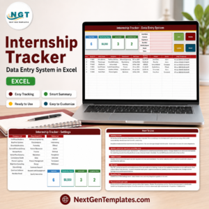 Internship Tracker Data Entry System in Excel - intern entry form, four stat cards and the intern records table