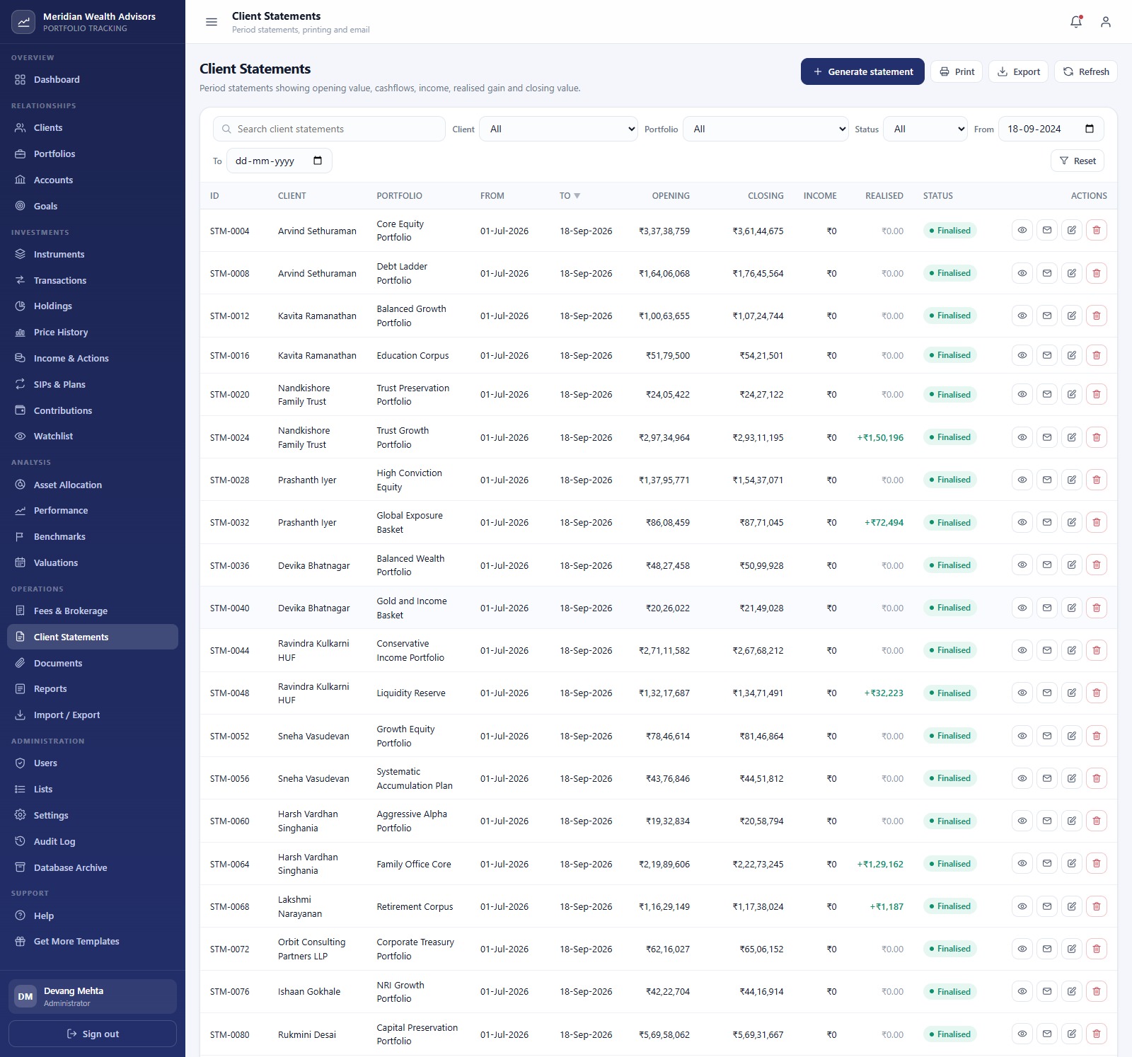 Investment Portfolio Tracking System Web App client statements
