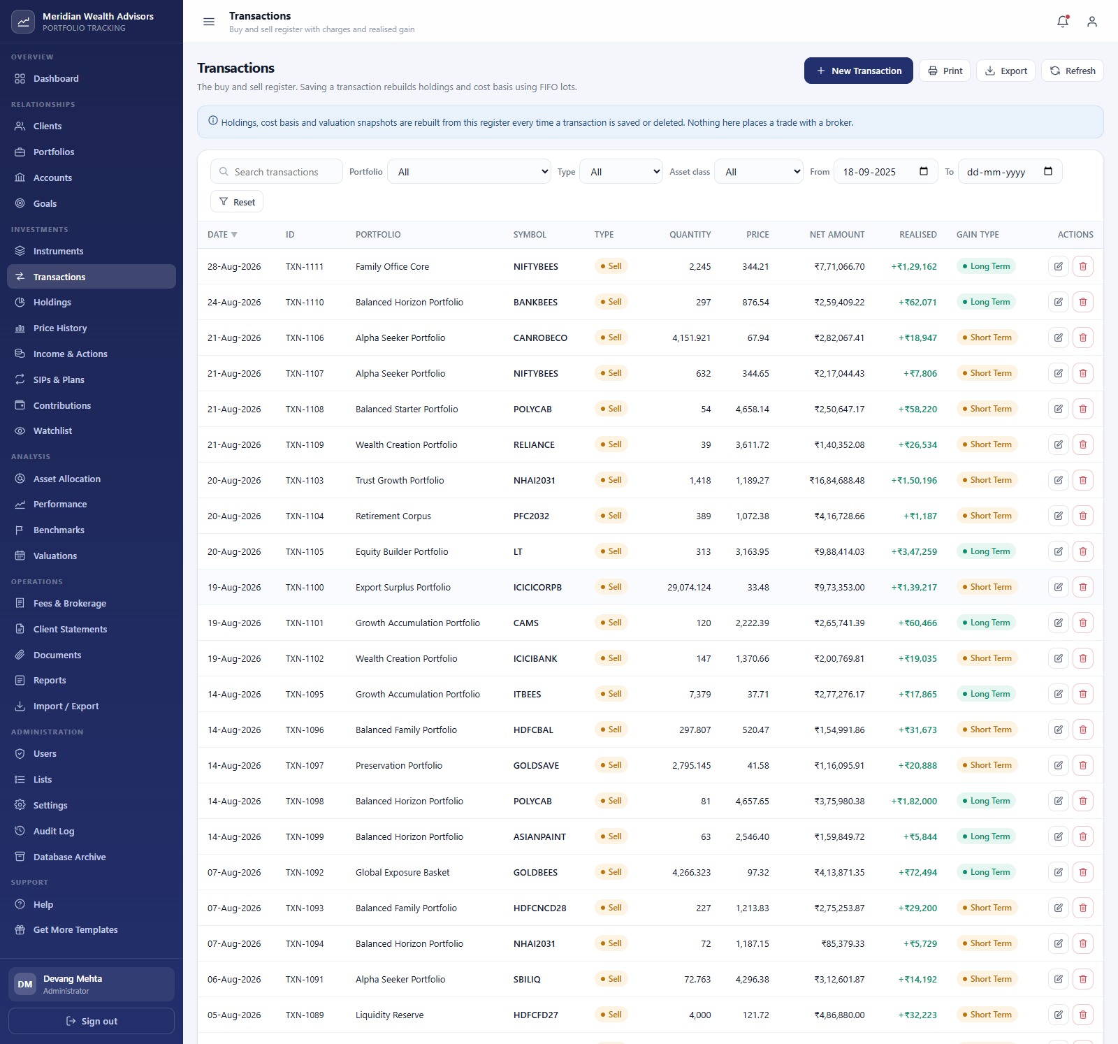 Investment Portfolio Tracking System Web App transactions