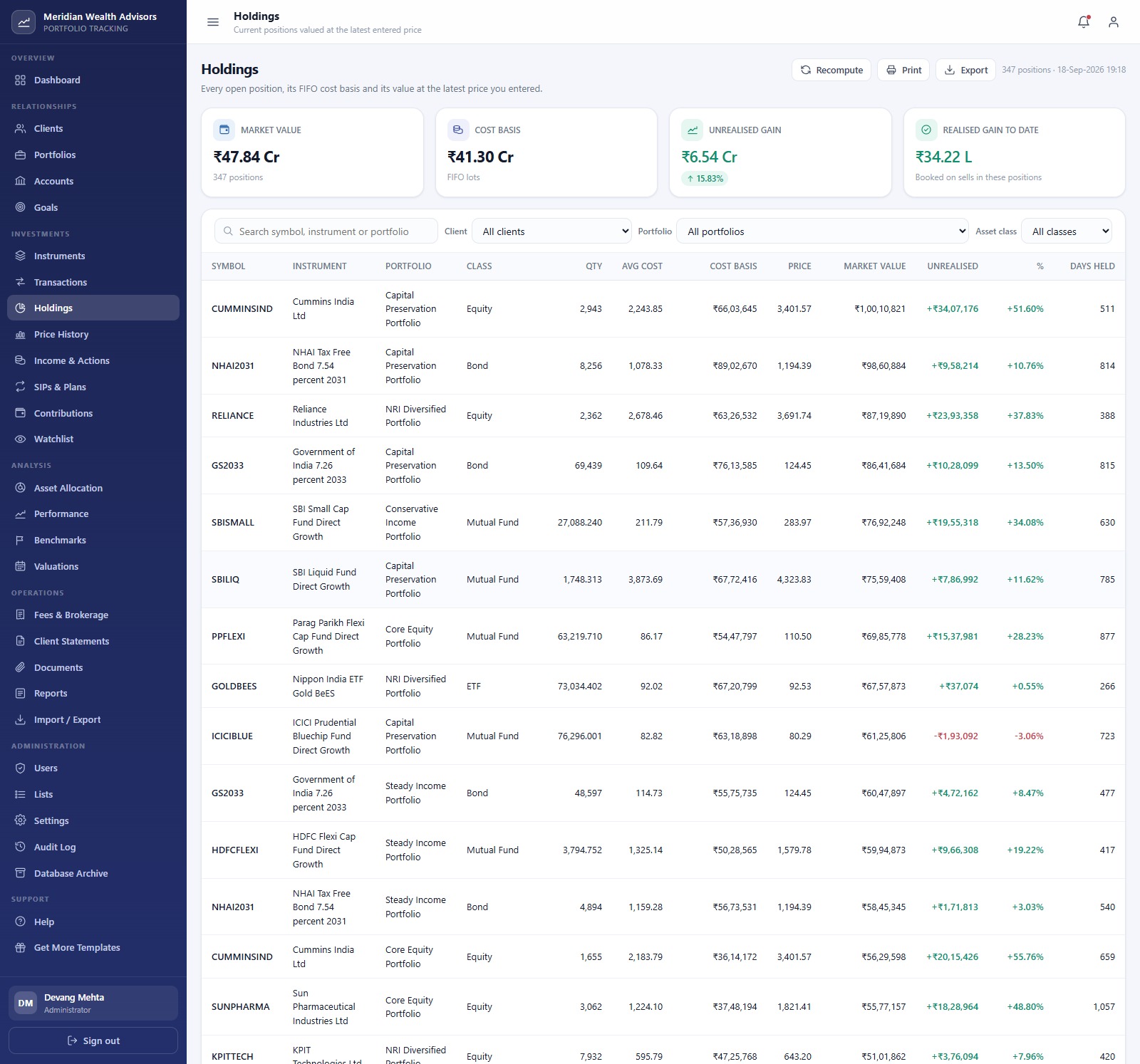 Investment Portfolio Tracking System Web App holdings