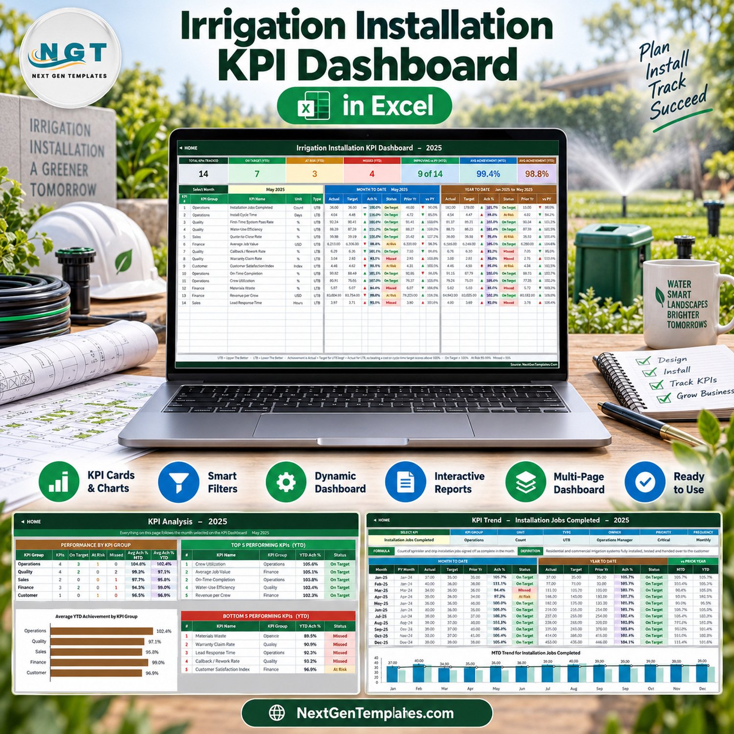 Irrigation Installation KPI Dashboard in Excel - product feature image
