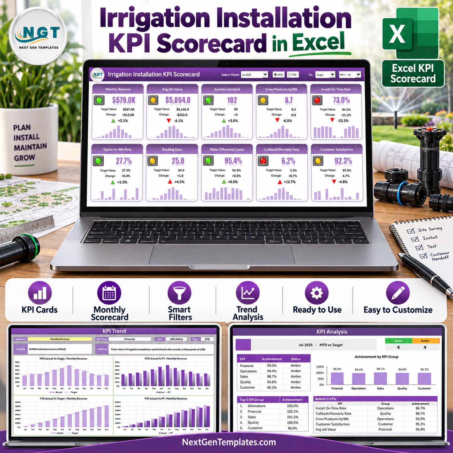 Irrigation Installation KPI Scorecard in Excel product image