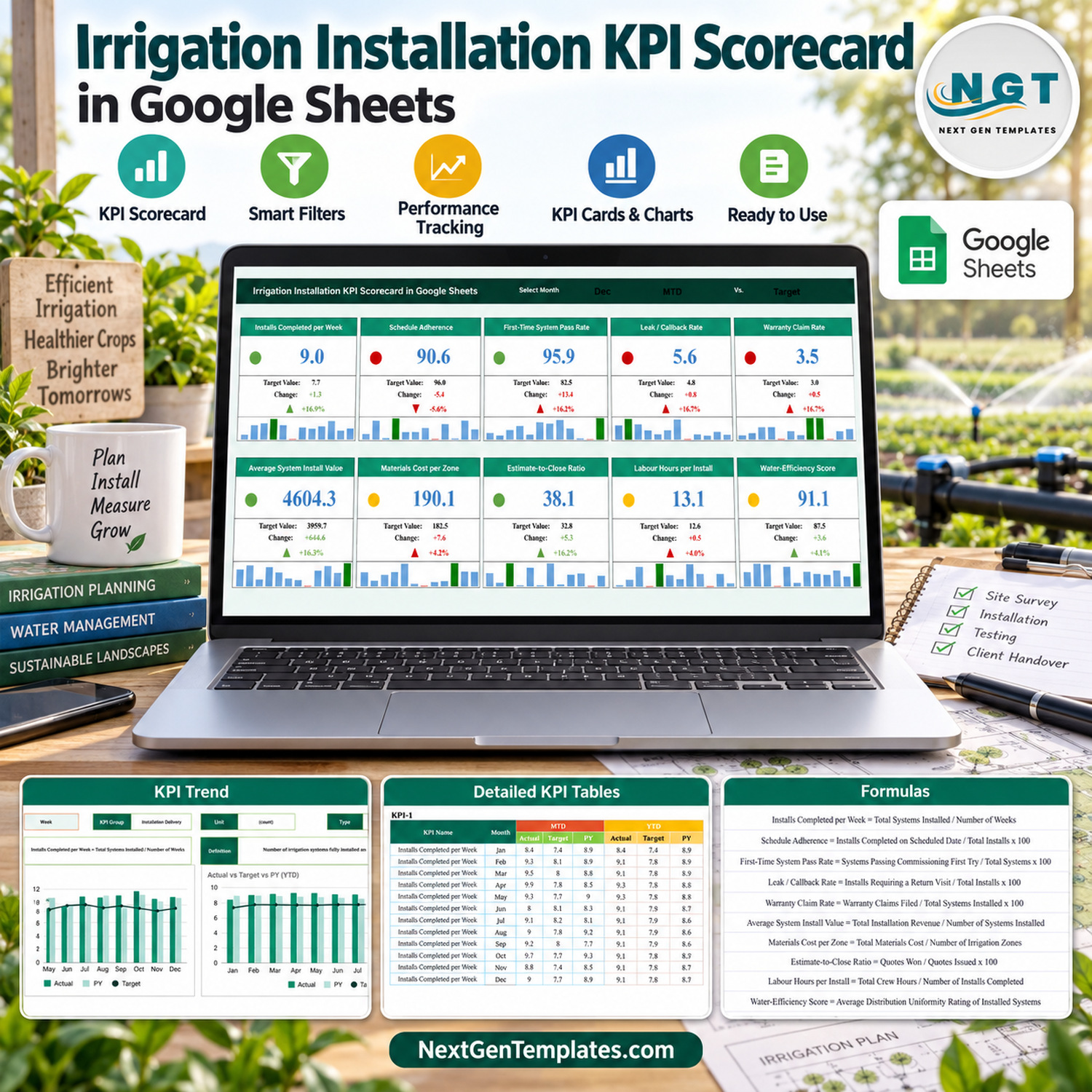 Irrigation Installation KPI Scorecard in Google Sheets