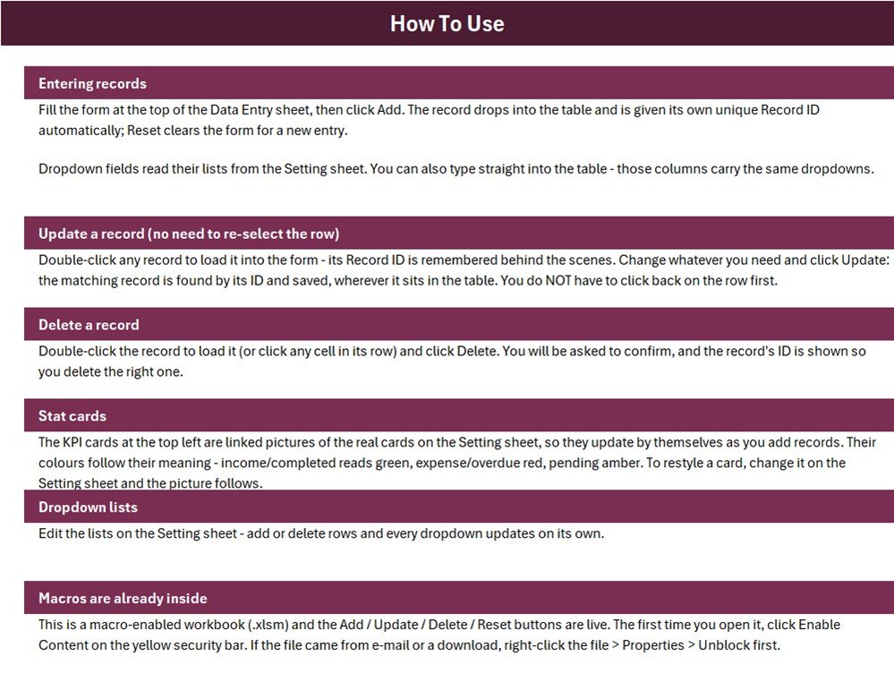 Instructions sheet explaining how to add, update and delete records