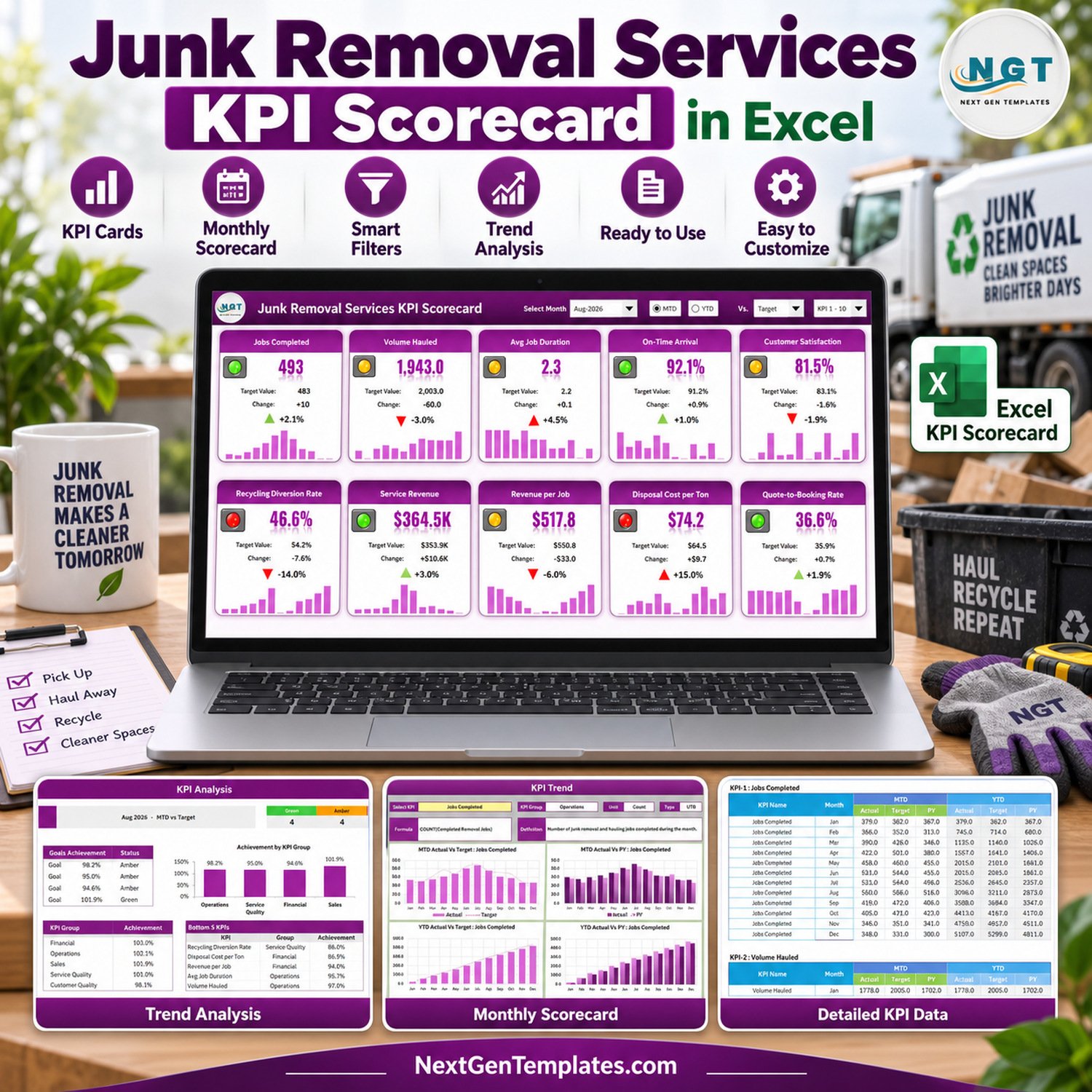 Junk Removal Services KPI Scorecard in Excel product preview