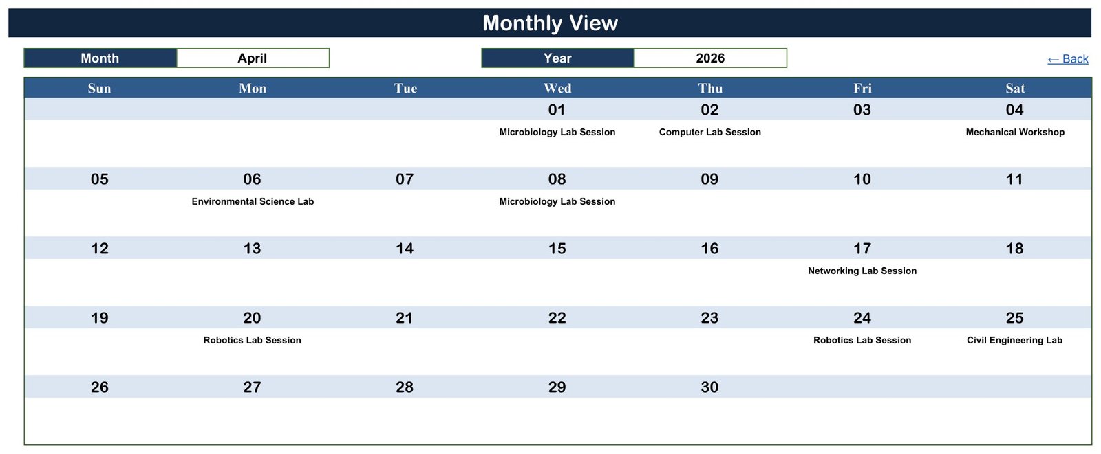 Lab booking calendar Monthly View for April 2026