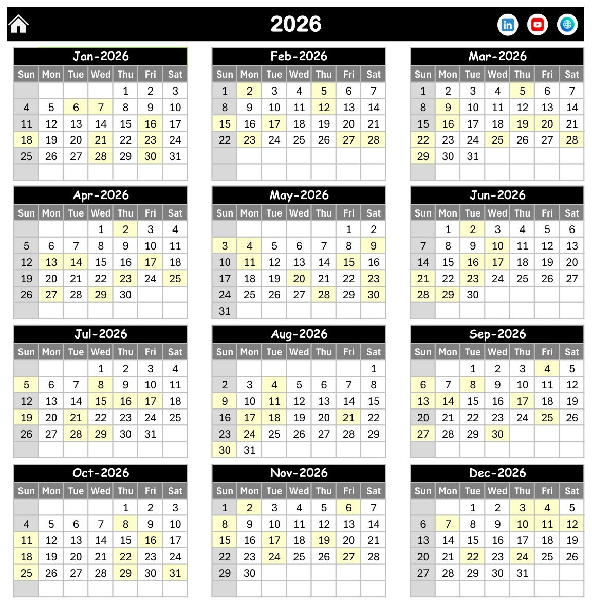 Annual view screenshot for Excel calendar template