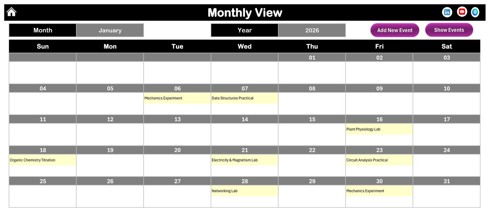 Monthly view screenshot for Excel booking calendar