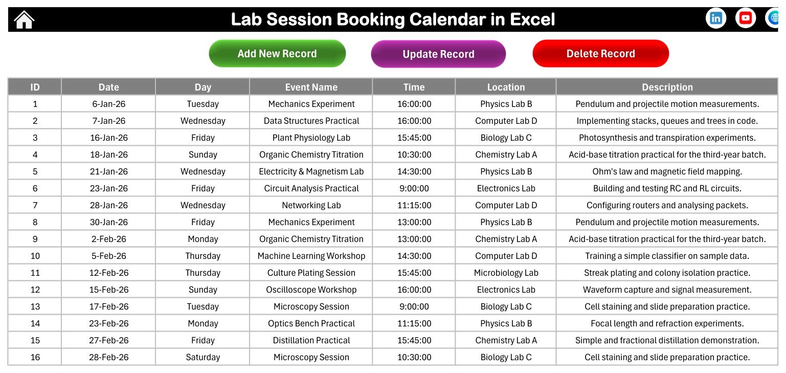 Events database for lab session booking calendar in Excel