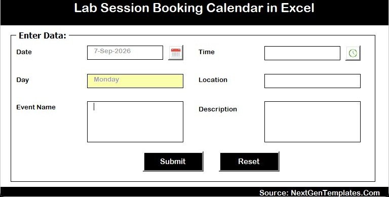 Macro event entry form for Excel booking calendar