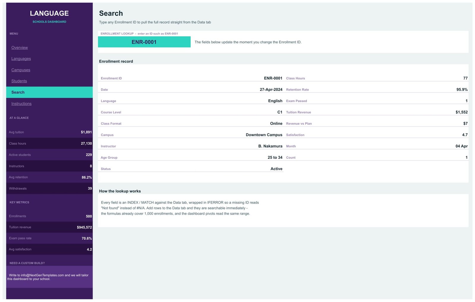 Search page - enter an Enrollment ID to pull all 17 fields from the Data tab