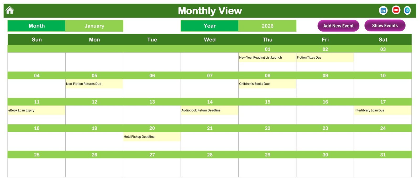 Monthly View with January 2026 library events