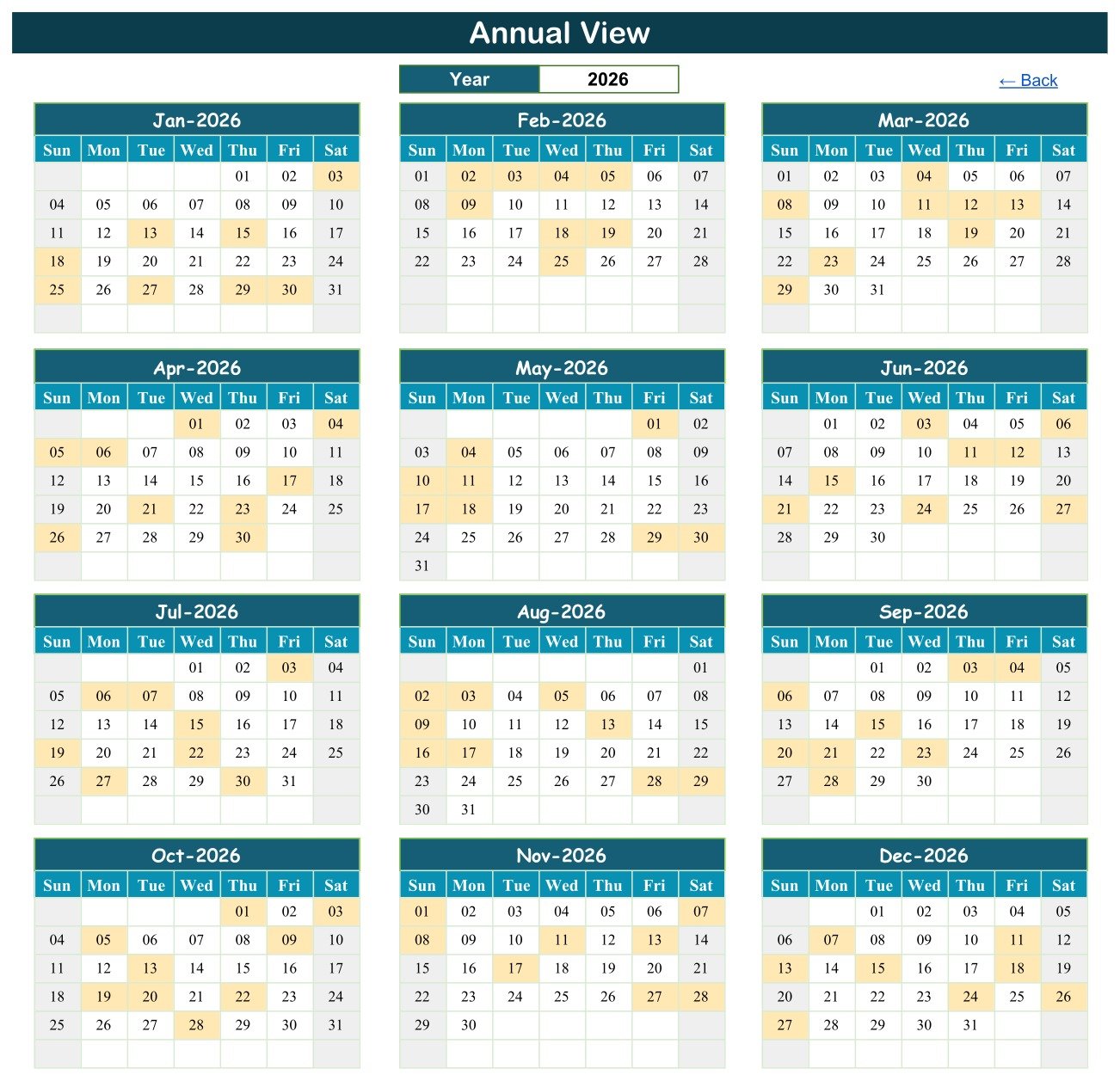 Maternity Ward Duty Calendar in Google Sheets - Annual View year grid