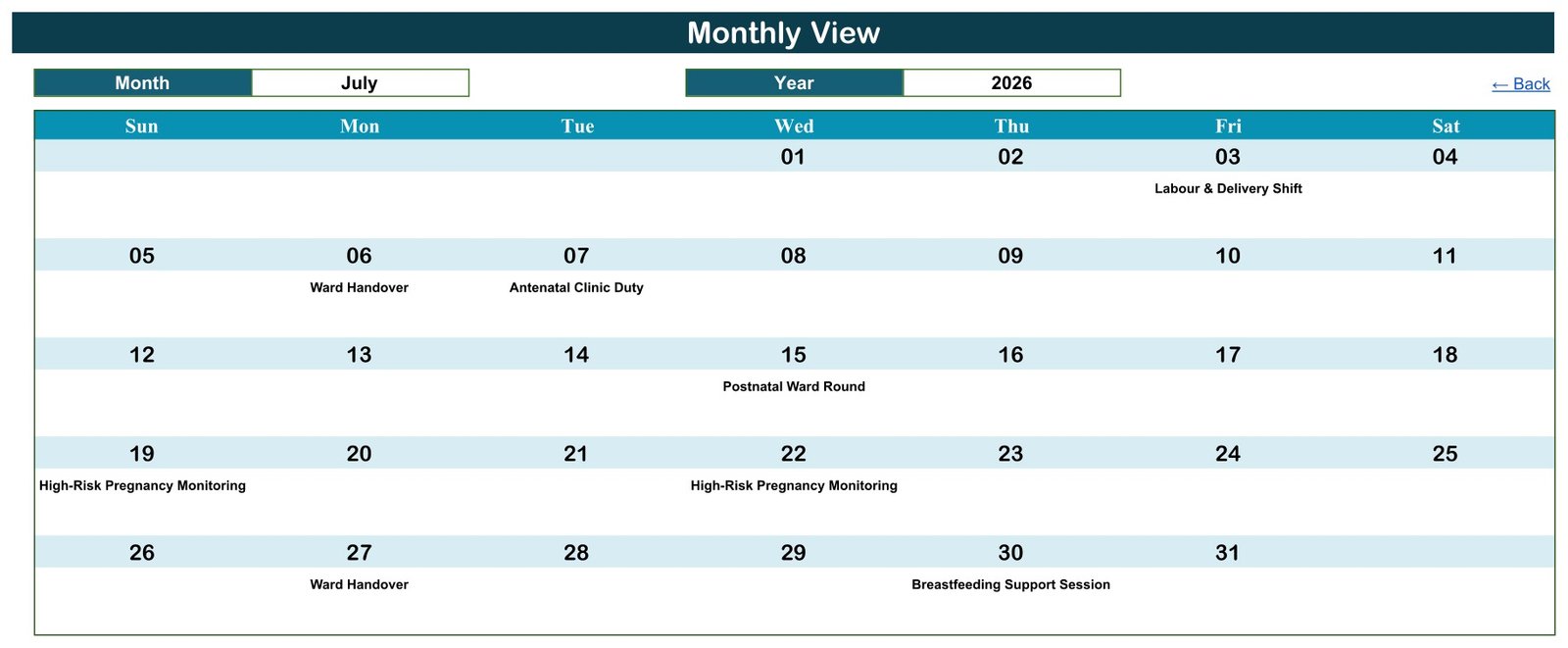 Maternity Ward Duty Calendar in Google Sheets - Monthly View grid