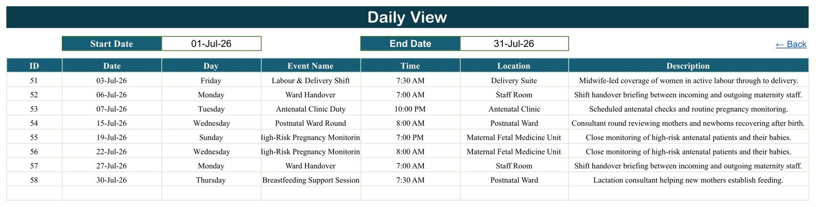 Maternity Ward Duty Calendar in Google Sheets - Daily View date range list