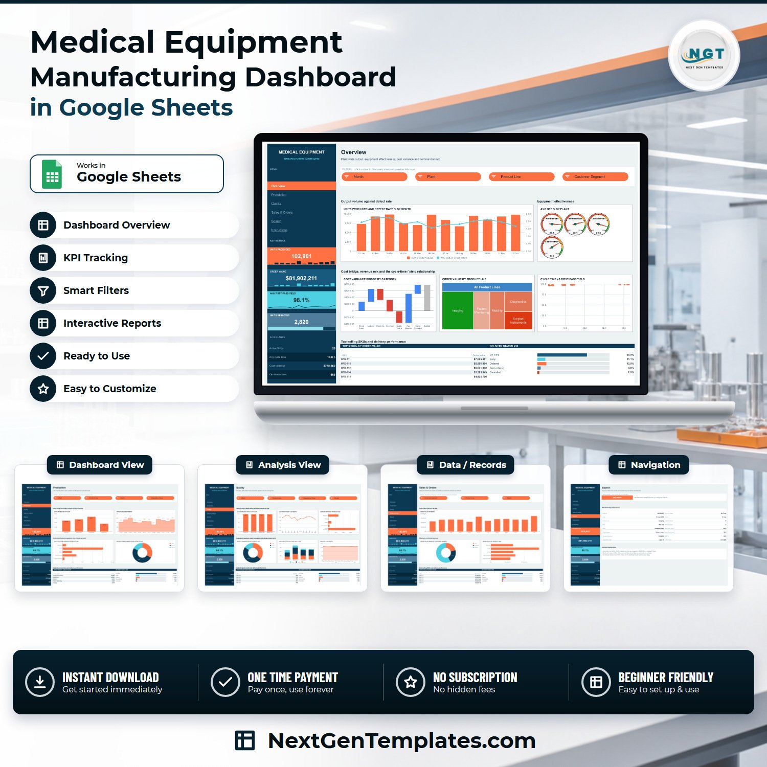 Medical Equipment Manufacturing Dashboard in Google Sheets product cover