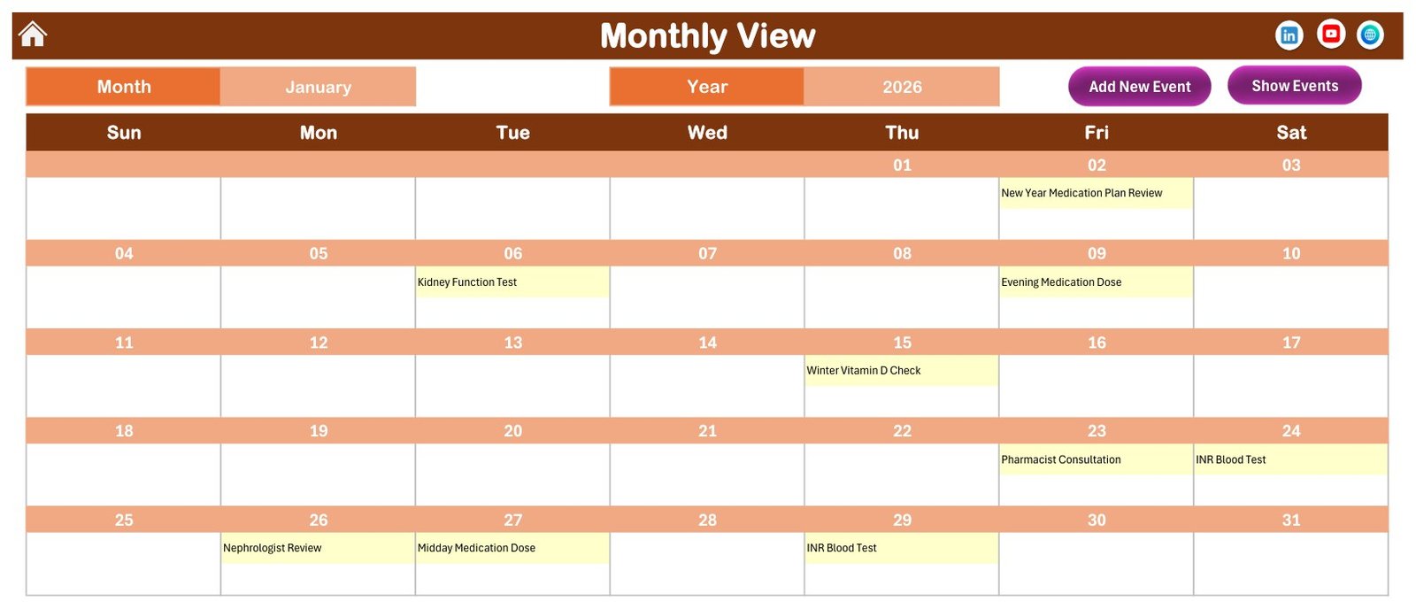 Monthly View sheet of the Medication Reminder Calendar in Excel showing January 2026 in a Sunday to Saturday grid with each event name printed inside its date cell