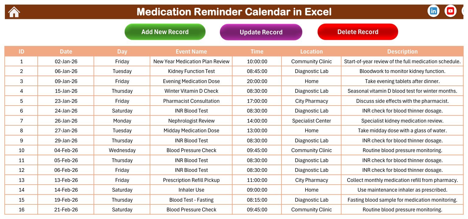 Events sheet of the Medication Reminder Calendar in Excel showing the master table with Add New Record, Update Record and Delete Record buttons