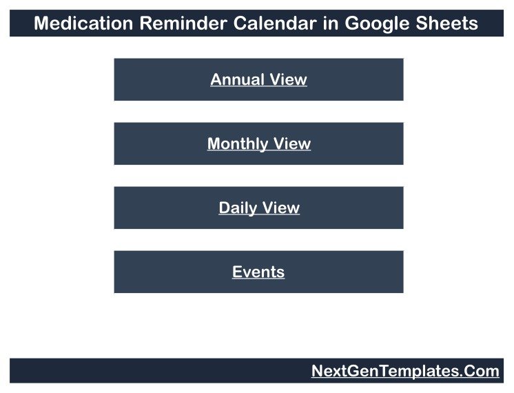 Medication Reminder Calendar home page with Annual View Monthly View Daily View and Events navigation
