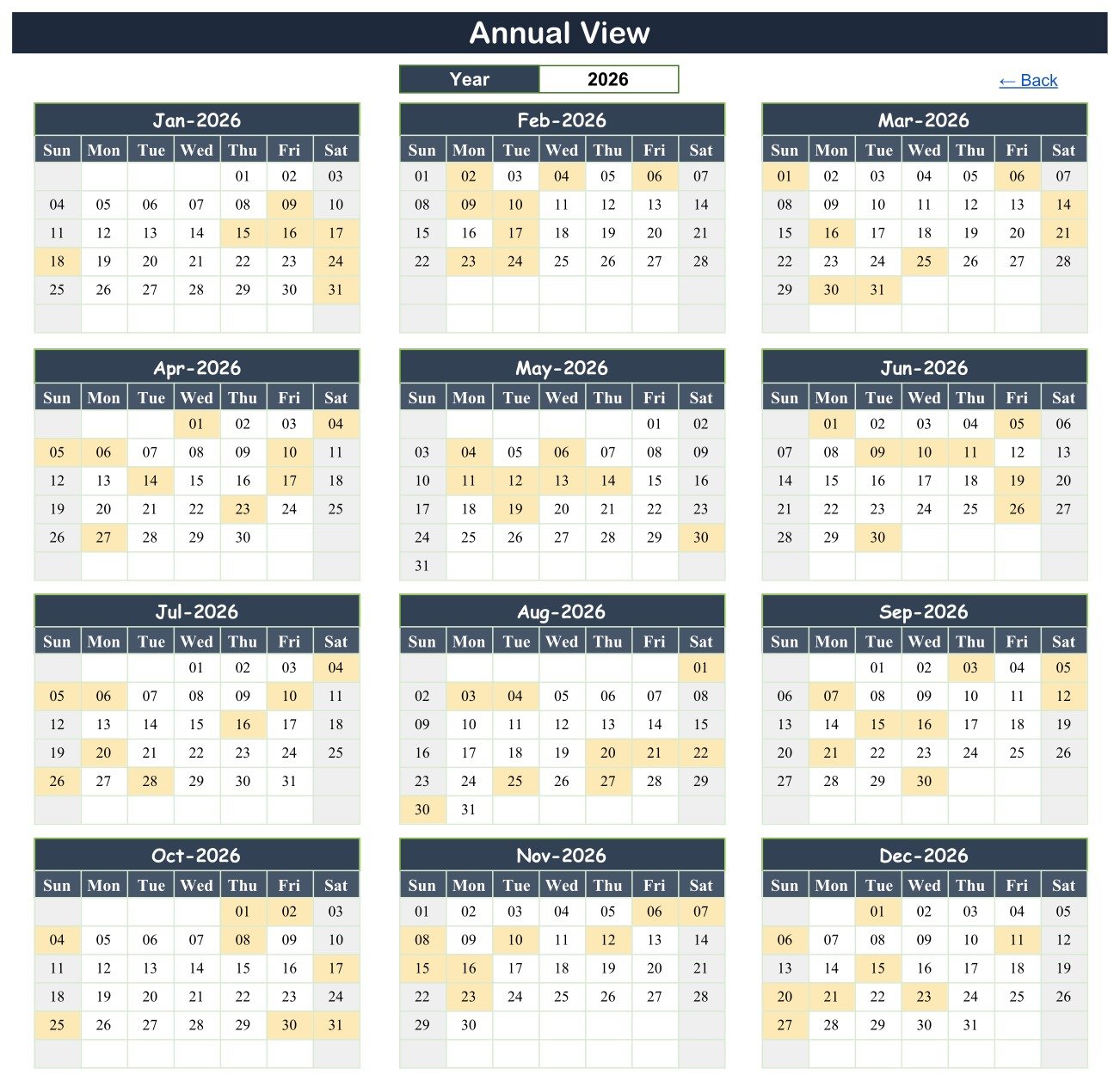 Annual View with twelve monthly calendars and highlighted medication schedule dates