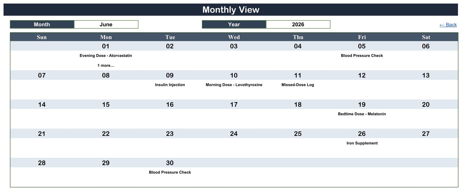 June 2026 monthly medication calendar with scheduled event names