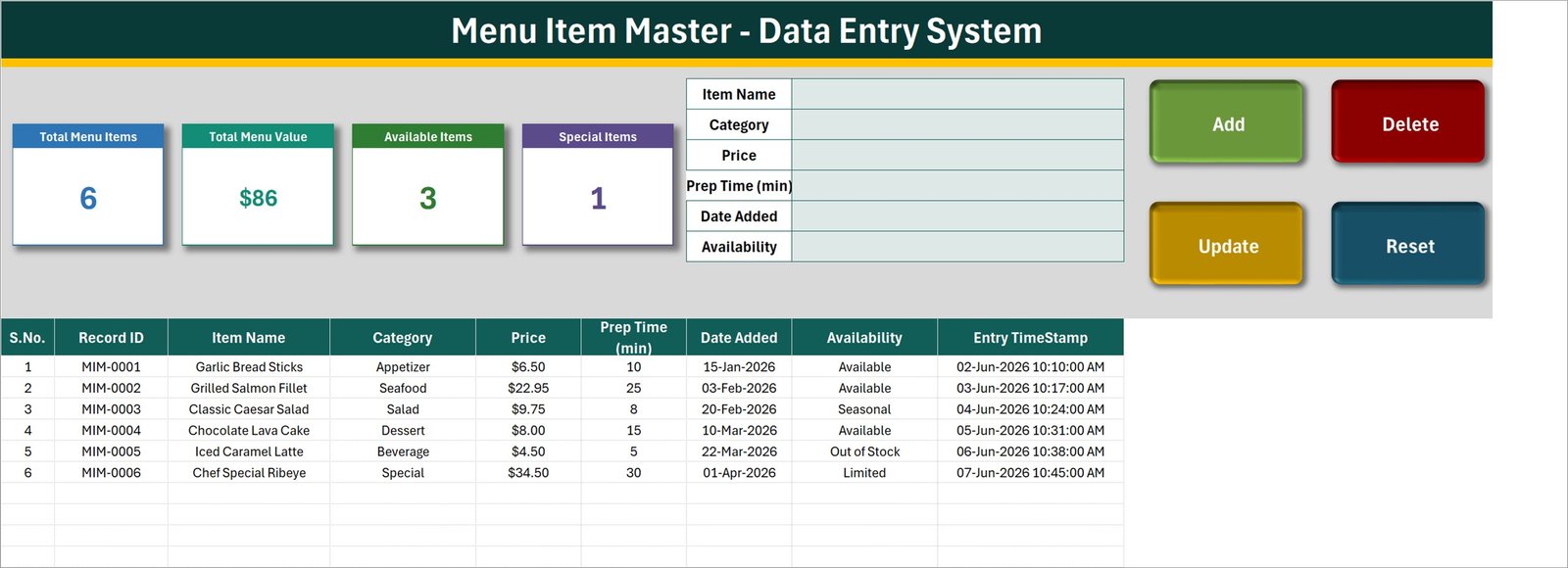 Excel restaurant menu data entry form and item master table