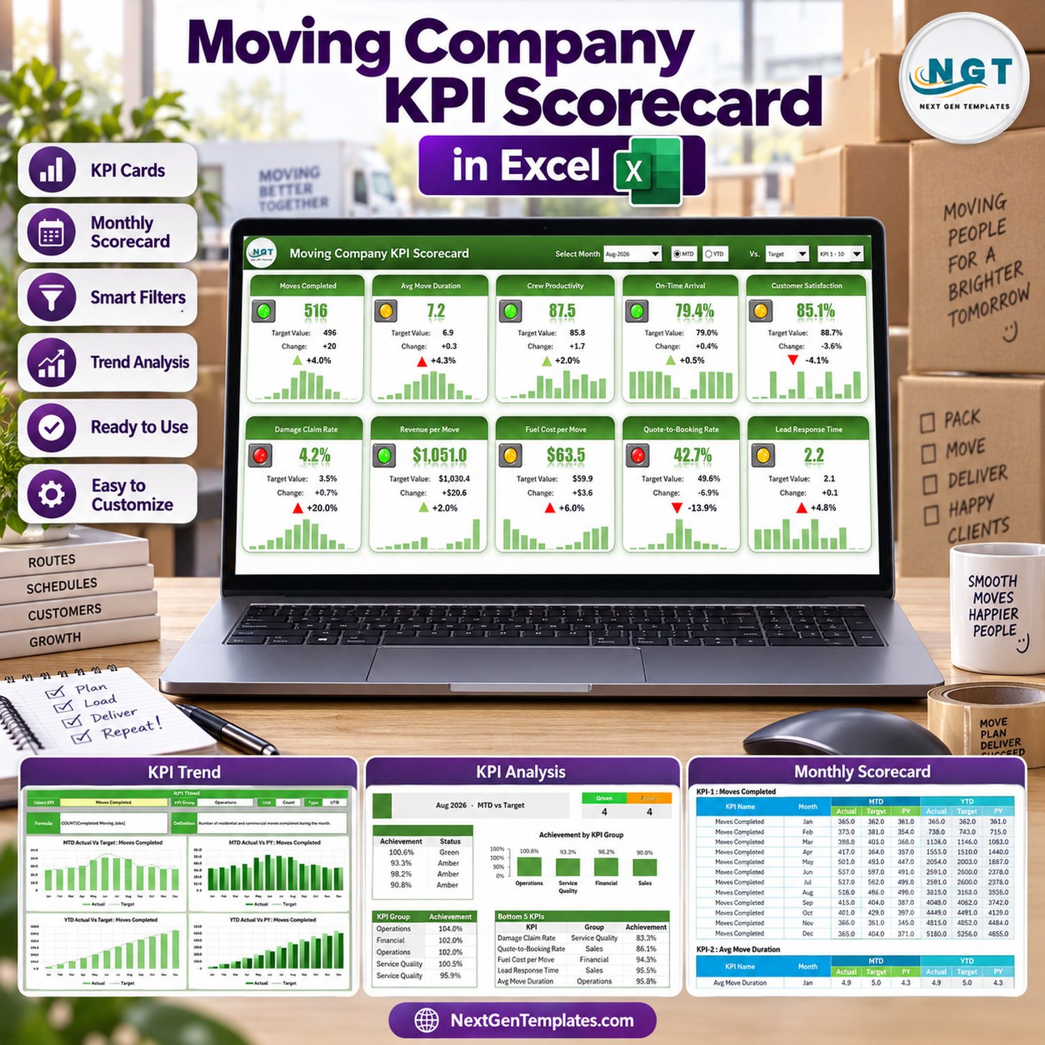 Moving Company KPI Scorecard in Excel product preview