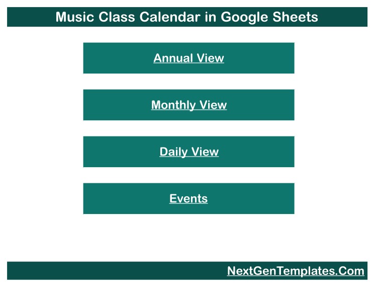 Music class calendar home menu in Google Sheets