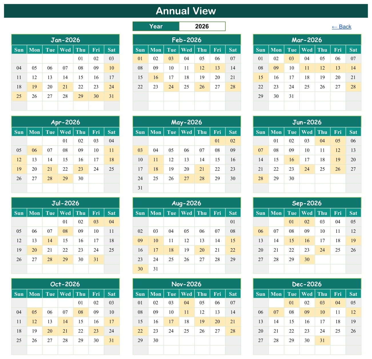 Music class calendar annual view in Google Sheets