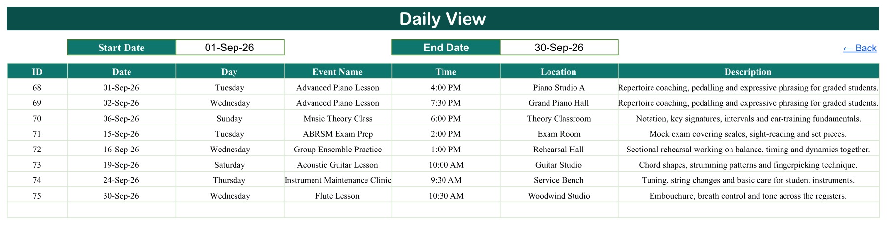 Music class calendar daily view in Google Sheets