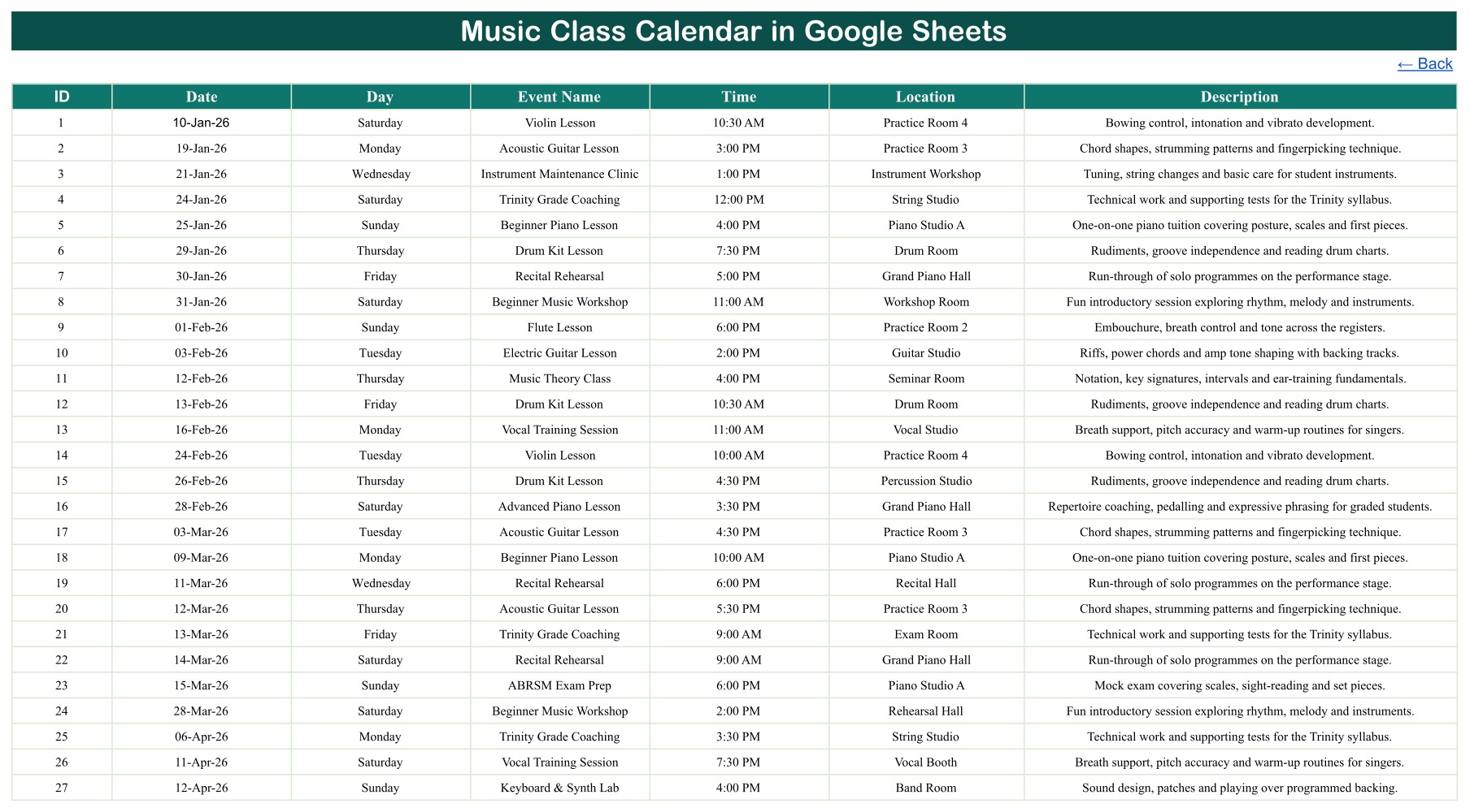 Music class calendar events register in Google Sheets