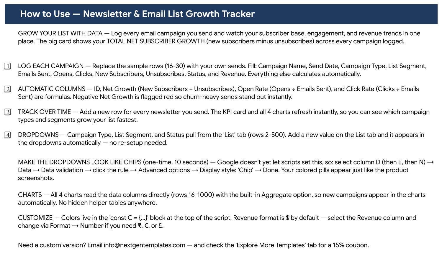 Newsletter and Email List Growth Tracker - How to Use sheet