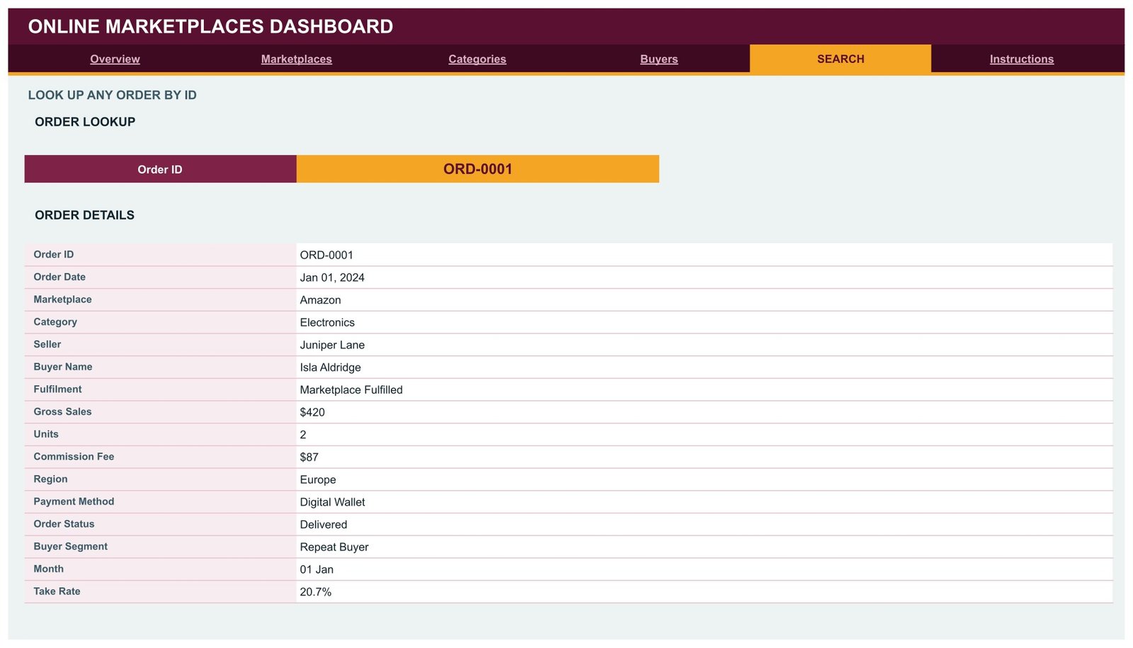 Online Marketplaces Dashboard in Google Sheets - Search order lookup page