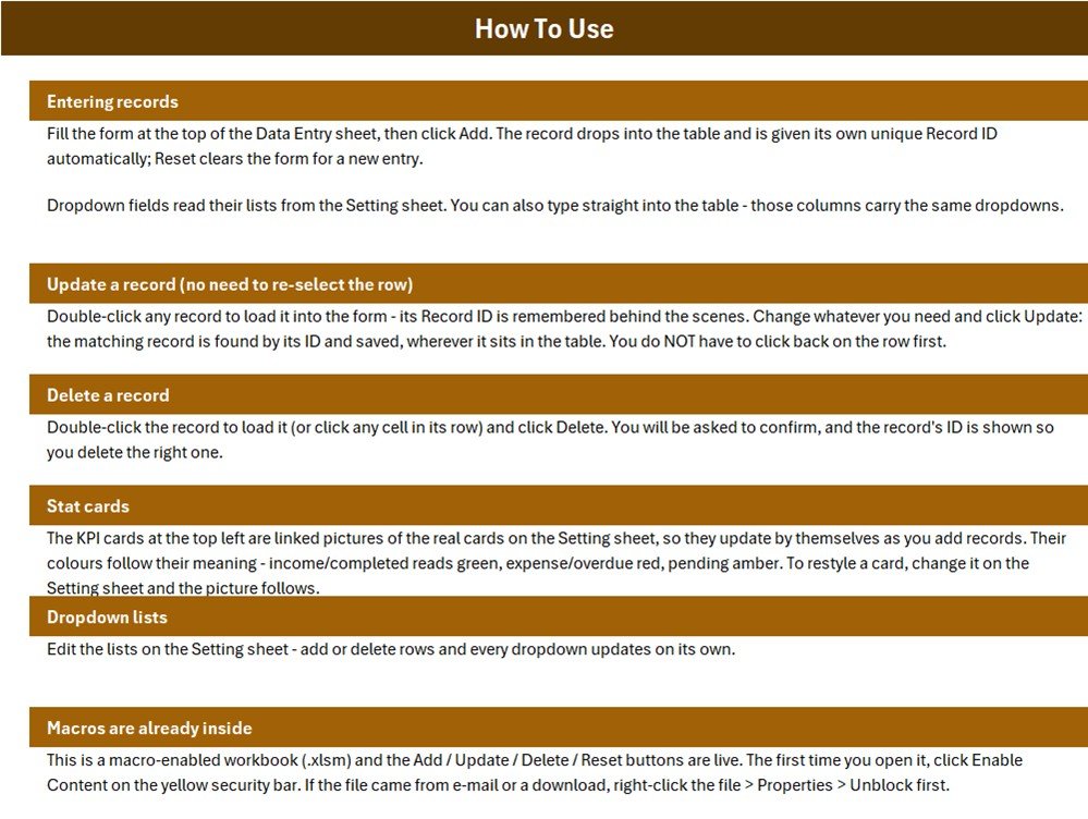 How To Use sheet explaining entry, update, delete, stat cards, dropdown lists and macros
