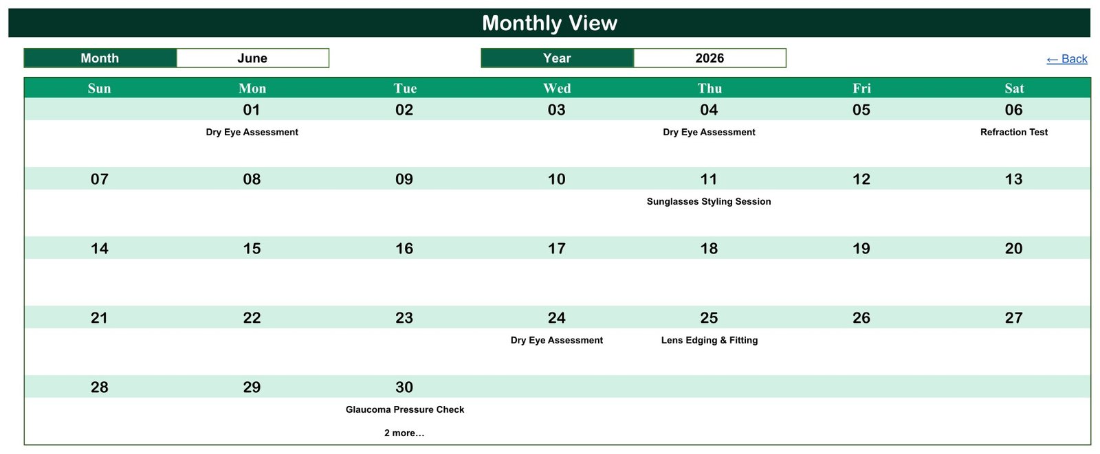 Monthly View for June 2026 showing each date's first booking and a 2 more note on the 30th