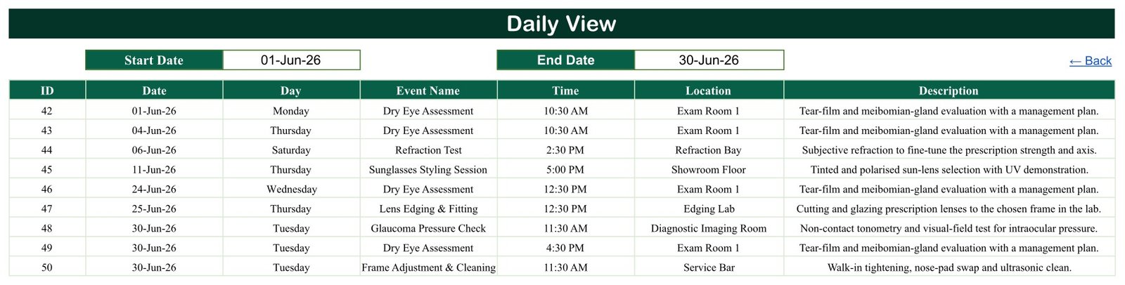Daily View listing nine June 2026 bookings with ID, date, day, event name, time, location and description